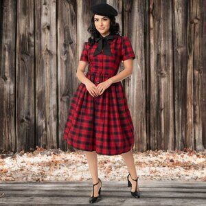 Unique Vintage Fit & Flare Midi Dress Plaid Cora Button Down Swing Tie Bow NWT